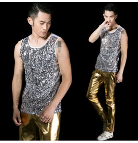 Silver black sequins sleeveless tank male men's adult  fashion stage performance latin jazz dj singer pole dance hip hop show play dance vests tops dancewear